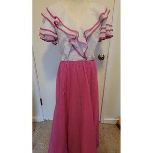 80s Edwardian Pink Party Dress Flutter Sleeve Fus… - image 1